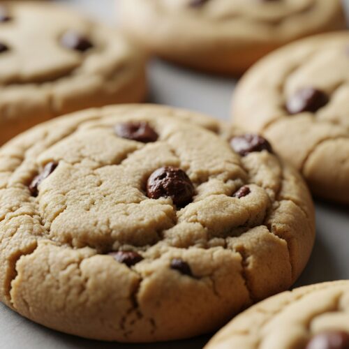 A close-up shot of several soft chocolate chip cookies arranged on a neutral surface, highlighting their textured, slightly underbaked appearance and melted chocolate chips.