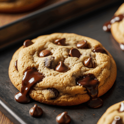 คุกกี้นิ่มช็อกโกแลตชิพ (soft cookie) อบสดใหม่จากเตา วางบนถาดอบ เน้นให้เห็นเนื้อคุกกี้ที่ฉ่ำและช็อกโกแลตชิพที่กำลังละลาย